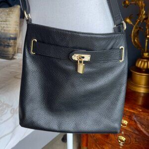 Danier Black Grained Leather Silver Lock Crossbody Bag
